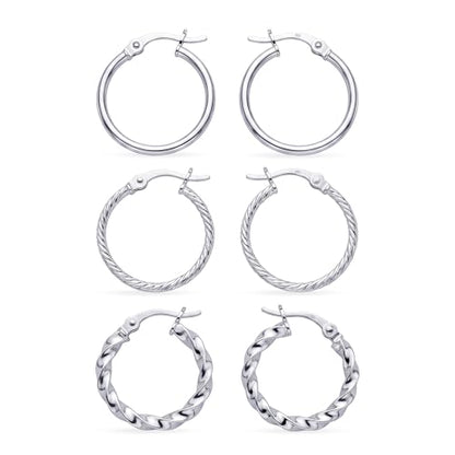 Charmsy Set of 3 Pairs 925 Sterling Silver Hoop Earrings for Women | Lightweight Italian 2.5mm Tube Diamond-Cut Classic Texured Click-Top Hoops Earring | Size 12/13/15/18/20/25mm - color: Tri-PAIR-18mm