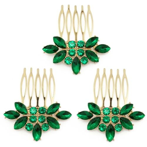Bridal Crystal Hair Piece with Comb 3 Pieces Small Rhinestone Wedding Gold Hair Pins Accessories for Women Girls (Green) - color: Green