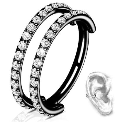 G23 Titanium Conch Piercing Jewelry Hoop: 16G 8mm/10mm/12mm Diamond Cartilage Earring Helix Double Piercing Hoop Septum Rings Hypoallergenic Nose Rings Hinged Segment Clicker Lip Rings Rook Daith Tragus Earrings - color: Black-Double Layers, Two Rows CZ