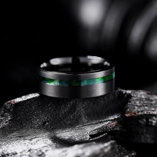 King Will Tungsten Rings for Men with Galaxy Shell Sand Meteorite Inlay | Black, 8mm, Brushed, Pipe Cut, Shell inlay, Everyday Wear - color: Green