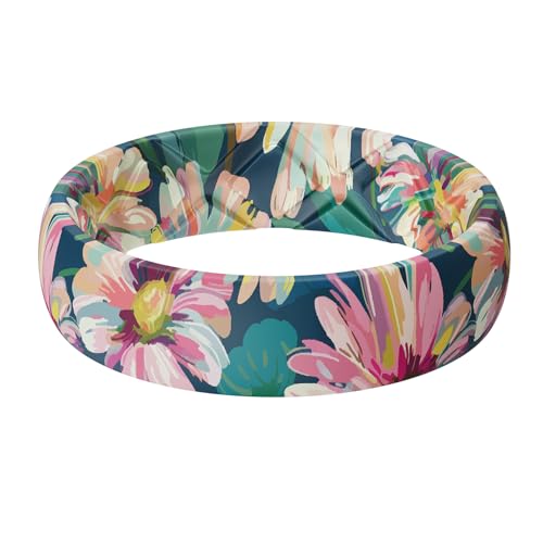 Egnaro Silicone Statement Ring Women, Floral Patterned Rubber Wedding Band | 5.2mm Wide 2mm Thick Printed Style, Inner Arch and Breathable X Grooves for Gym Workout Travel Work Pregnancy Daily Wear