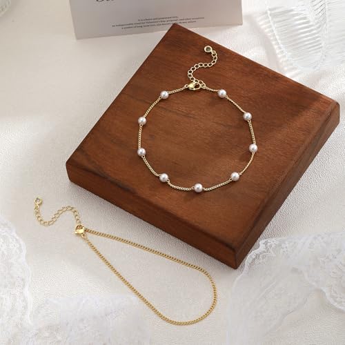 Gold Ankle Bracelets for Women, Dainty 14K Gold Plated Anklets for Women Waterproof Cuban Link Chain Pearl Anklet Set Trendy Layered Stackable Ankle Bracelet Non Tarnish Jewelry for Her - color: A0084