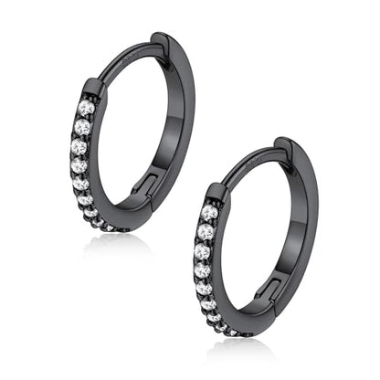 FaithHeart 925 Sterling Silver Post Small CZ Huggie Hoop Earrings for Women | Hypoallergenic Small Cubic Zirconia Hoop Earrings, Silver/Black/Gold/Rose Gold Huggie Earrings, 8-20mm with Gift Box - color: Black, size: 10mm