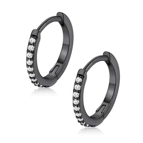 FaithHeart 925 Sterling Silver Post Small CZ Huggie Hoop Earrings for Women | Hypoallergenic Small Cubic Zirconia Hoop Earrings, Silver/Black/Gold/Rose Gold Huggie Earrings, 8-20mm with Gift Box - color: Black, size: 10mm