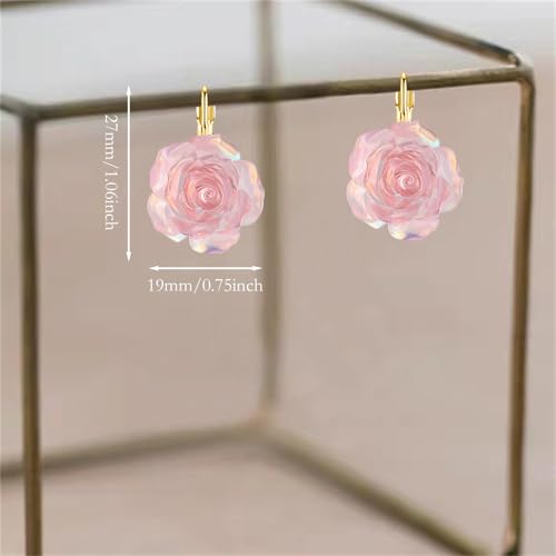 Handmade Bohemian Aesthetic Dainty Acrylic Flower Petal Leverback Earrings Sparkly 14K Gold Floral Dangle Drop Earrings for Women - color: Light Pink