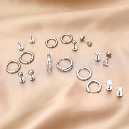 Stainless Steel Stud Earrings Set for Women Hypoallergenic Flat Back Cartilage Earrings Screw Back Huggie Hoop Earrings Multiple Piercing Cubic Zirconia Helix Tragus Jewelry - color: Set-C-Silver