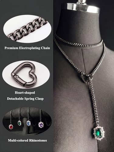 Women's Heart O-Ring Slip Chain Necklace, Double Layered Adjustable 39'' Cuban Chain with Detachable Heart Clasp and Colorful Rhinestone Pendant - color: 39'' Black-Emerald Green