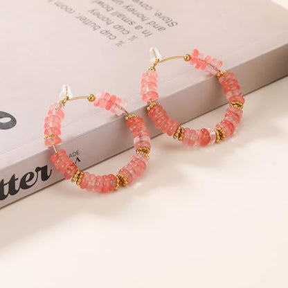 Wellike Beaded Hoop Earrings for Women Natural Stone Pink Gold Huggie Earrings Hypoallergenic Dainty Waterproof Trendy Jewelry - color: Rose Pink, size: 40mm