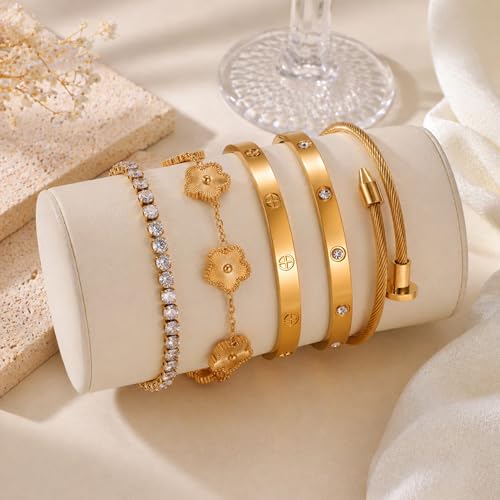 18K Gold Plated Love Bangle Bracelet Stack for Women, Adjustable Clover Bracelet & CZ Tennis Chain Set, Stackable Layered Jewelry, Fade Resistant, Long-Lasting Luster for Daily Wear & Gift - color: 5Pcs Gold