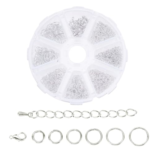 MECCANIXITY 1320Pcs Jump Rings for Jewelry Making, 8 Sizes Jewelry Making Kit with Lobster Clasps & Chains for Keychains Earings Necklace Repairing DIY White - color: White