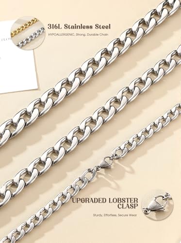 sailimue Chunky Gold Necklace Stainless Steel Cuban Chain for Women Men | Heavy-Duty Hypoallergenic 18K Gold Plated Thick Choker Link Chain Necklaces Non Tarnish Statement Jewelry Gift 9/13/15mm - color: Silver