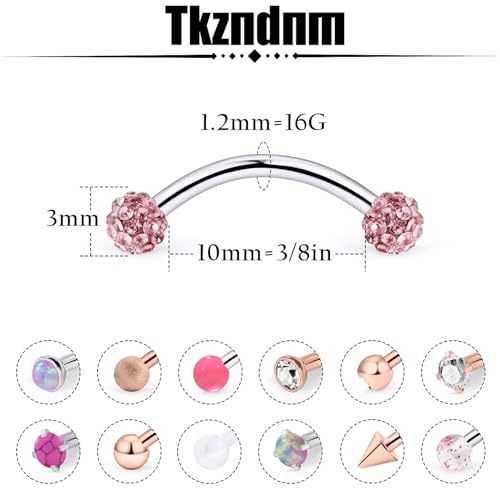 16g 8/10mm Silver/Black/Rose-Gold/Rainbow Eyebrow Piercing Jewelry Rings Curved Barbell Vertical Labret Lip Surgical Steel Small Belly Button Snake Eyes Tongue Rook Earrings for Women Men - color: Rose Gold / Pink, size: 16g*10mm*3mm