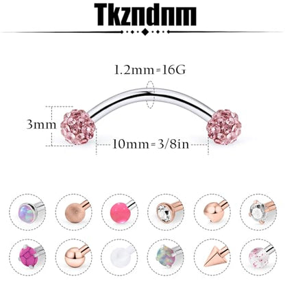 16g 8/10mm Silver/Black/Rose-Gold/Rainbow Eyebrow Piercing Jewelry Rings Curved Barbell Vertical Labret Lip Surgical Steel Small Belly Button Snake Eyes Tongue Rook Earrings for Women Men - color: Rose Gold / Pink, size: 16g*10mm*3mm