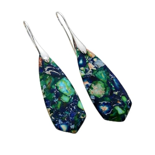 Boho Natural Imperial Jasper Teardrop Dangle Earrings for Women – Hypoallergenic French Hook Stone Drop Earrings Jewelry - color: Green Silvery Hook 2#