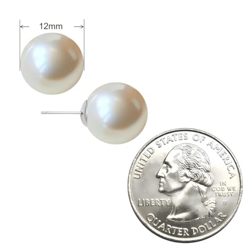 White Faux Pearl Stud Earrings, S925 Silver Posts Hypoallergenic for Women - color: Creamy White, size: 12mm