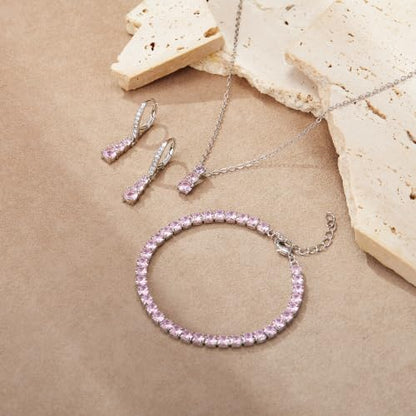 Crysdue Cubic Zirconia Jewelry Set for Women Bridesmaid, Classic Round Cut Drop Lightweight Lever Back Earrings Pendant Necklace Tennis Bracelet for Wedding Prom Party - style: 3pcs Light Pink, Silver