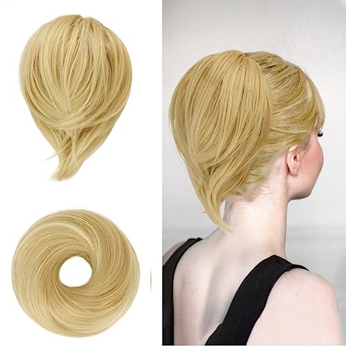 BARSDAR Blonde Hair Bun Extensions - Short Straight Ponytail Bun Hair Extensions for Women, Synthetic Easy Elastic Messy Hair Bun Scrunchies Hairpieces Daily - Beige & Buttery Blonde - color: Beige Blonde Mix Buttery Blonde, size: 1 Count - Elastic