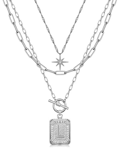 MJartoria Layered Initial Necklaces for Women | 14K Gold Plated Brass, Star Choker, Square Letter Pendant, Paperclip Chain - color: Silver, style: L