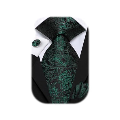 Hi-Tie Men 63inches Tie Set Extra Long Necktie Paisley Tie Pocket Suqare Cufflinks Big and Tall Men Tie - color: Black Green Forest