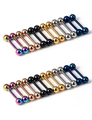 Oufksiyy 24pc 14G 16G Mixed Color Surgical Stainless Steel Straight Barbell Tongue Rings Bars Piercing 5/8" Length 16mm 9/16 inch 14mm 1/2inch 12mm Nipple Rings Tongue Piercing Jewelry for Women Men - color: 14G-14mm(9/16INCH)-Barbell