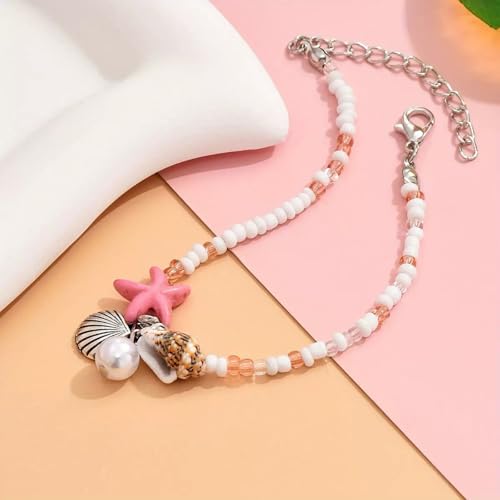 Beach Puka Shell Anklet for Women Waterproof Beaded Ankle Bracelets Adjustable Starfish Seashell Pearl Foot Chain Boho Jewerly Present for Summer Beach Party - color: fense