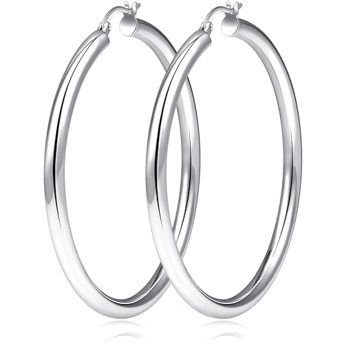 5 MM Wide Thick Chunky Gold Hoop Earrings for Women Trendy, Hypoallergenic Large Big Hoops with Sterling Silver Posts, Lightweight Hollow Tube Real Gold Hoop Jewelry 30/40/50/60/70 MM - color: Silver, size: 5mm-70mm
