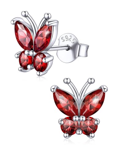 ChicSilver 925 Sterling Silver Bow/Butterfly Earrings for Women Hypoallergenic Birthstone Earrings Dainty Bow/Butterfly Jewelry Gift for Women - color: Butterfly-January-Garnet