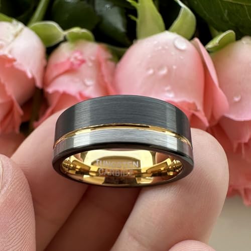 TUTISS 8mm Black/Blue/Gold/Rose Gold Tungsten Rings for Men Women Fashion Engagement Wedding Bands Brushed Finish Offset Line Comfort Fit - color: 8mm Black Gold Tungsten