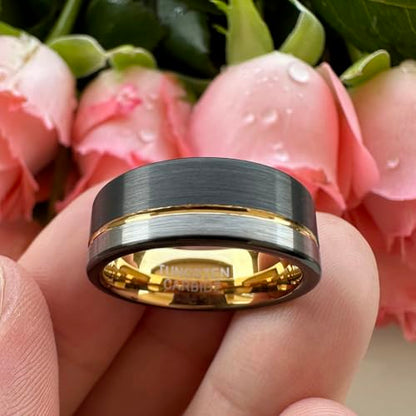 TUTISS 8mm Black/Blue/Gold/Rose Gold Tungsten Rings for Men Women Fashion Engagement Wedding Bands Brushed Finish Offset Line Comfort Fit - color: 8mm Black Gold Tungsten