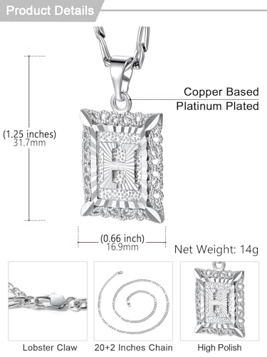 U7 Initial Letter Necklace for Men Women, 14K Gold/Silver Plated Square Capital Monogram Pendant Necklace from A-Z with 22+2 Inch Figaro Chain, Personalized Jewelry for Him - color: Silver, style: H