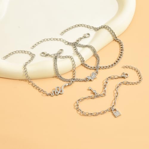 4 Pcs Layered Silver Tone Anklets for Women Trendy Butterfly Snake Lock Key Charms Ankle Bracelets Set Adjustable Summer Beach Vacation Foot Jewelry