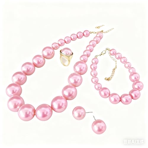 xuzhiyuan Statement Pearl Jewelry Set for Women - Includes Necklace, Bracelet, Earrings, and Ring | Colorful Faux Pearl Fashion Jewelry Set for Party, Wedding, Daily Wear - color: Pink