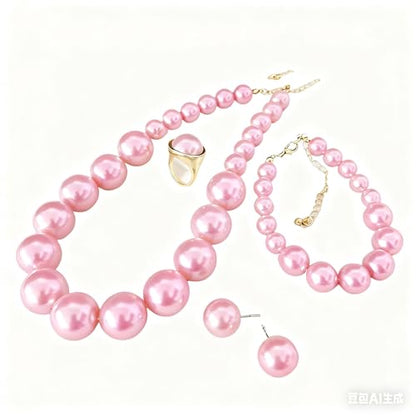 xuzhiyuan Statement Pearl Jewelry Set for Women - Includes Necklace, Bracelet, Earrings, and Ring | Colorful Faux Pearl Fashion Jewelry Set for Party, Wedding, Daily Wear - color: Pink