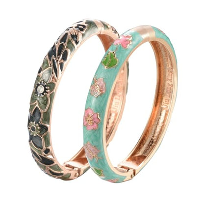 UJOY Cloisonne Bracelet Butterfly Hinge Indian Cuff Bangle Enameled Jewelry Flower Bracelets for Women Gift Box 55A114 - color: A67-2 Pcs Set-Green