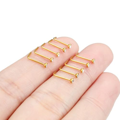 Hoeudjo Nose Studs Surgical Steel Cubic Zirconia Nose Rings Kit for Women Men Tiny Nose Stud Bone & Screw & L Shaped Nostril Piercing Jewelry 18/20/22/24 Gauge 10 Pieces - color: gold-tone,L-shaped nose studs, size: 22g/2mm clear CZ