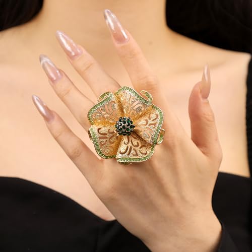 Elegant Big Crystal Flower Ring for Women Gold Rhinestone Floral Rings Open Finger Adjustable Crystal Flower Statement Ring Jewelry for Bridal Wedding - color: Flower 1 - green