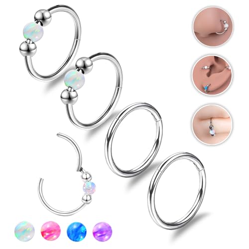 4PCS Nose Rings Opal 18G Nose Hoops 316L Surgical Steel Hypoallergernic Nose Piercings Jewelry for Women Nose Rings Suitable for Septum Rings Cartilage Earring Tragus Earring - color: Silver White, size: 4 PCS 18G 8mm*8mm