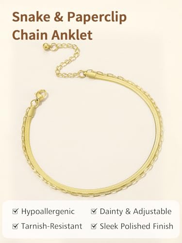 FindChic Ankle Bracelets for Women, Silver/Black/Gold Plated Layered Stainless Steel Anklets, Non-Tarnish Adjustable Waterproof Trendy Foot Jewelry for Beach Summer - style: Snake & Paperclip Chain-Gold