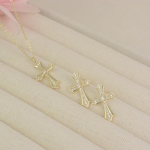 Gold Plated Imitation Diamond Cross Necklace and Earrings Set for Women Cubic Zirconia Trendy Stud Earrings and Cross Pendant Necklaces Jewelry Set Dainty Cross Cute Faith Jewelry Gifts Set - color: Gold