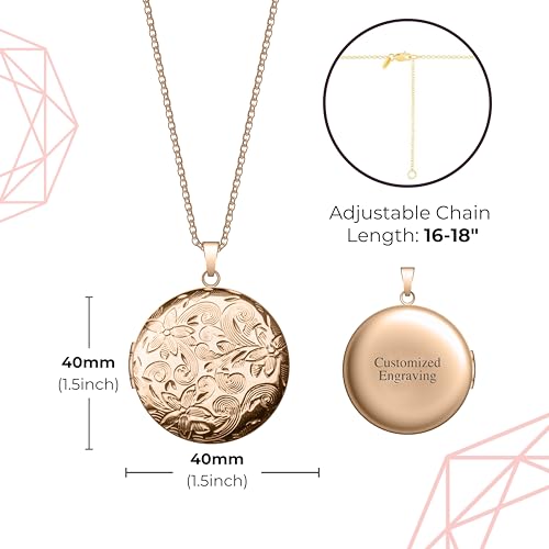 Locket Necklace for Women Girls, 18” Jewelry Chain, Picture Photo Inside, Cadenas para mujer, Personalized Custom Name Gold Locket, Customized Couples Locket, Silver, Rose Gold, Gold - color: Rose Gold, style: 1 Photo + Engraving Necklace