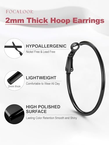FOCALOOK 14K Gold Plated Lightweight Large Hoops| 2mm Thin Hoop Earrings for Women 30/40/50/70/100mm - color: 01.Black, size: 40mm