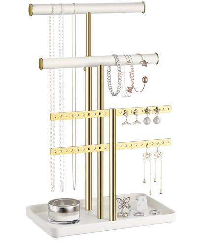 pickpiff Jewelry Holder Organizer with Velvet, Adjustable 10"-17" Tall, Metal Stand for Display Bracelet, Necklace, Earrings, Rings, White and Gold