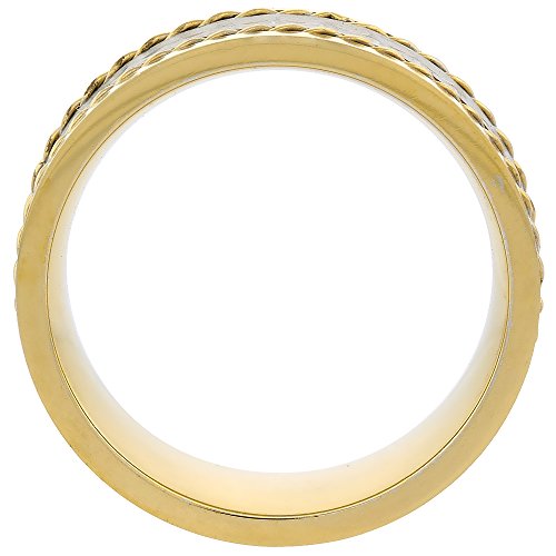 Sabrina Silver Stainless Steel 8mm Wedding Band Ring Double Rope Inlay Hammered Center Two-Tone Gold Sizes 8-14