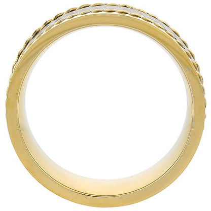 Sabrina Silver Stainless Steel 8mm Wedding Band Ring Double Rope Inlay Hammered Center Two-Tone Gold Sizes 8-14