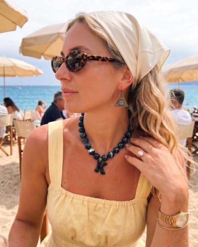 DoDoBeads Chunky Colorful Beaded Initial Necklace, Bubble Letter Choker | Gift box and dust pouch included; waterproof and sweat-resistant with real gold plated stainless steel hardware - color: Black-K