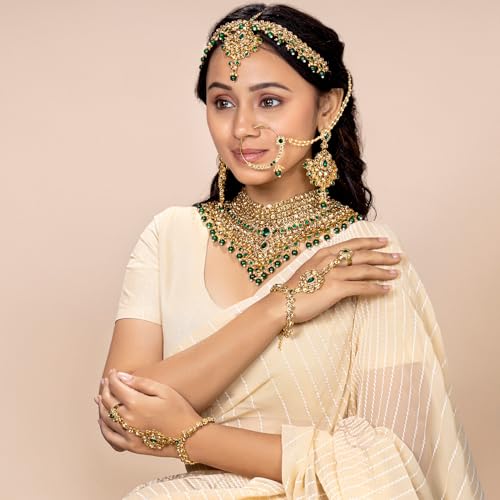 Aheli Bollywood Style Indian Bridal Choker Necklace Matha Patti Nose Ring Haath Phool Wedding Fashion Bharatanatyam jewellery set for Women - color: Champagne-Green
