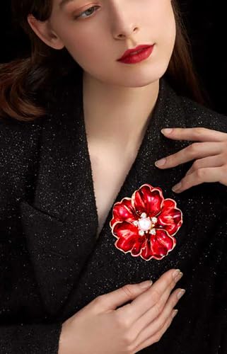 Rhinestone Flower Pin Camellia Drop Oil Brooch Big Large Rose Bouquet Brooch Pin Pearl Daisy Peony Brooch Lapel Pins Elegant Clothing Hat Bag Skirt Accessories for Women - color: Red