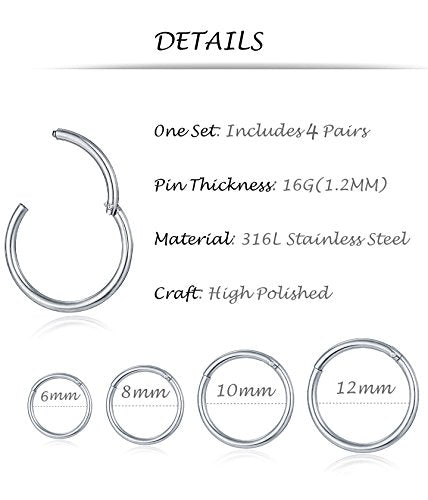 6-8Pcs 20G-18G-16G-14G Stainles Steel Clicker Ring Seamless Lip Nose Daith Cartilage Helix Tragus Hoop Ring - style: D1:4 Pairs,16G(1.2mm) Pin Thickness