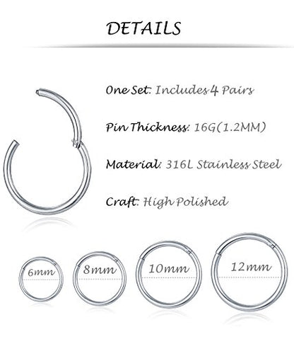 6-8Pcs 20G-18G-16G-14G Stainles Steel Clicker Ring Seamless Lip Nose Daith Cartilage Helix Tragus Hoop Ring - style: D1:4 Pairs,16G(1.2mm) Pin Thickness