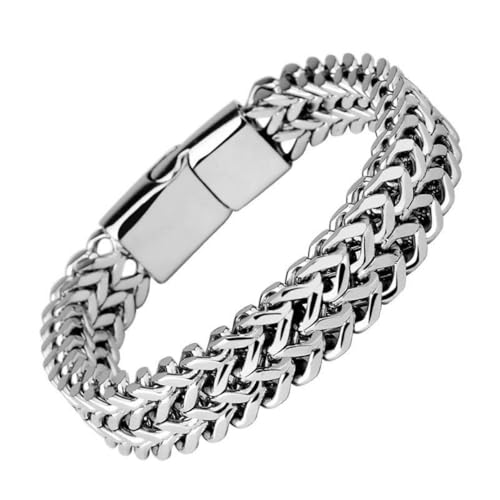 Stainless Steel Double Row Braided Cuban Chain Bracelet Men Jewelry | Bracelet Double Row Square Chain Men's Hip Hop Fashion Party Gold and Silver Chain - Gift for Husband, Son, Father - color: silvery, size: 19cm